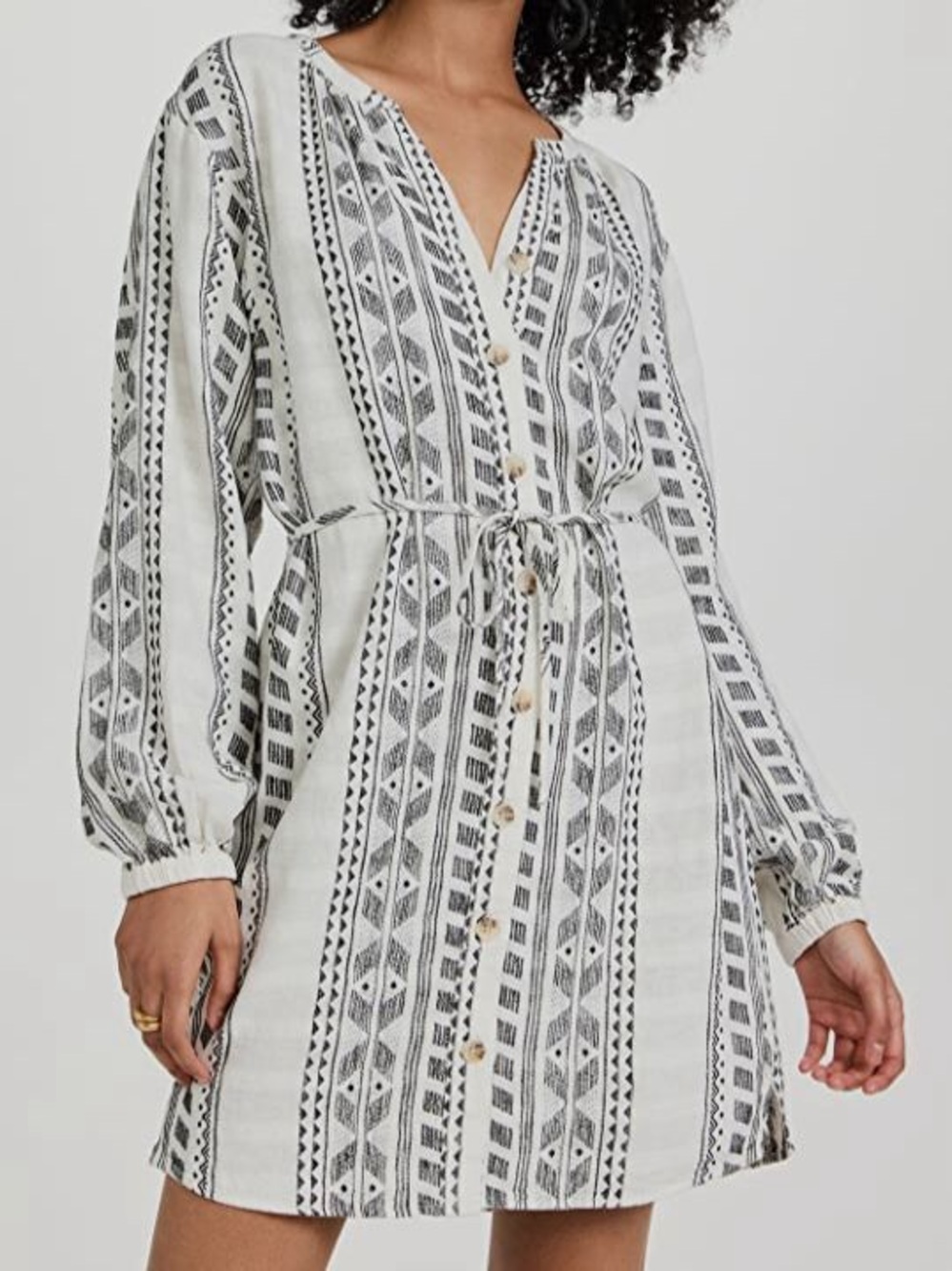 Splendid Black & White Striped Button-Front Long Sleeve Dress